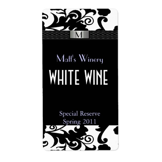 白黒のダマスクモノグラムのウェディングラベル ラベル (正面)