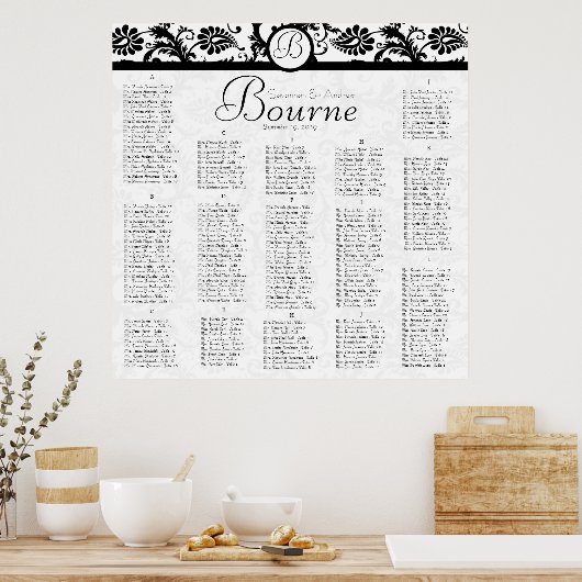 白黒のダマスク披露宴座席表 ポスター (キッチン)