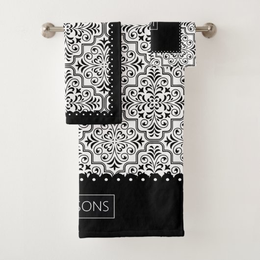 白黒のダマスク模様、ホタテ縁どロ バスタオルセット (インサイチュ)