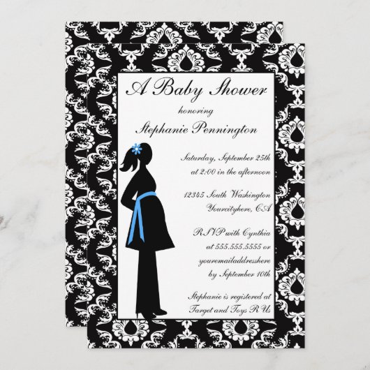 白黒のダマスク男の赤ちゃんの招待 招待状 (正面/裏面)
