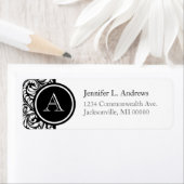 白黒のダマスク結婚モノグラムラベル ラベル (インサイチュ)