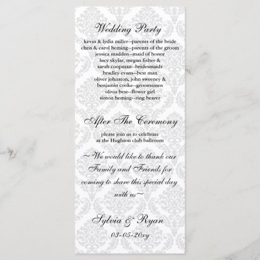 白黒のダマスク結婚式プログラム プログラム (裏面)