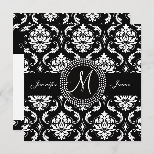 白黒のダマスク織のイニシャルの結婚式招待状 招待状 (正面/裏面)