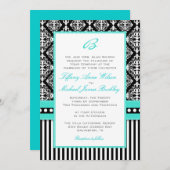 白黒のダマスク織のターコイズの結婚式招待状 招待状 (正面/裏面)