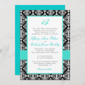 白黒のダマスク織のターコイズの結婚式招待状 招待状 (正面/裏面)