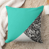 白黒のダマスク織の花のティール（緑がかった色）のターコイズパッチ クッション (ブランケット)