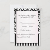 白黒のダマスク織は、鳥、縞で飾りますRSVPを渦巻きます 出欠カード (裏面)