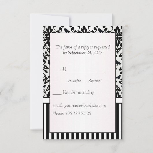 白黒のダマスク織は、鳥、縞で飾りますRSVPを渦巻きます 出欠カード (裏面)