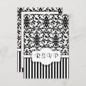 白黒のダマスク織は、鳥、縞で飾りますRSVPを渦巻きます 出欠カード (正面/裏面)