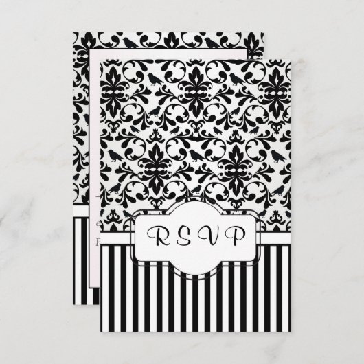 白黒のダマスク織は、鳥、縞で飾りますRSVPを渦巻きます 出欠カード (正面/裏面)