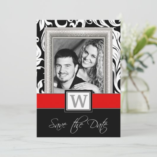 白黒のダマスク織及び赤い結婚式の保存日付 セーブザデート (スタンド正面)