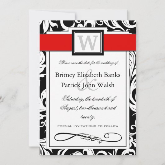 白黒のダマスク織及び赤い結婚式の保存日付 セーブザデート (裏面)