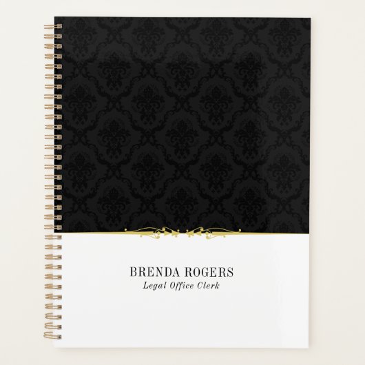 白黒のダマスク金ゴールドアクセントノートブック プランナー手帳 (正面)
