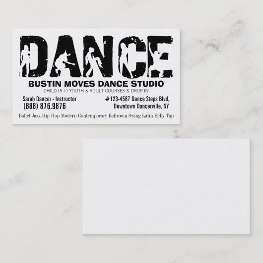 白黒のダンスのスタジオの踊りの先生 名刺 (正面/裏面)