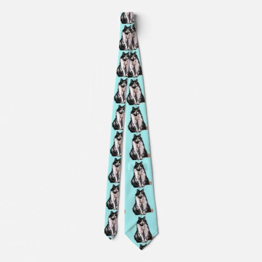 白黒のツキセド猫かわいいターコイズ ネクタイ (裏面)