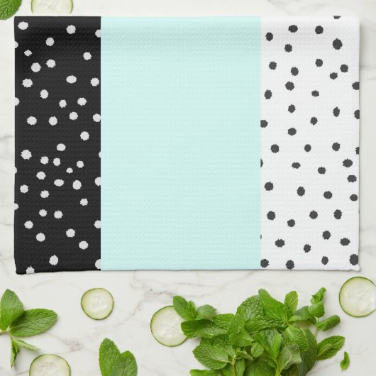白黒のティール(緑がかった色)の水彩画の水玉模様パターン キッチンタオル (折り畳み)