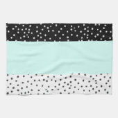白黒のティール(緑がかった色)の水彩画の水玉模様パターン キッチンタオル (横)