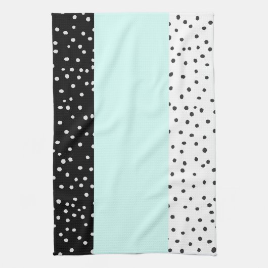 白黒のティール(緑がかった色)の水彩画の水玉模様パターン キッチンタオル (縦)