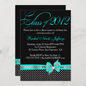 白黒のティール（緑がかった色）の水玉模様の卒業の招待状 招待状 (正面/裏面)