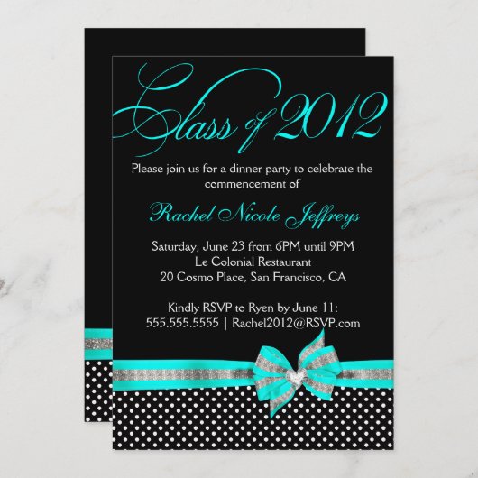 白黒のティール（緑がかった色）の水玉模様の卒業の招待状 招待状 (正面/裏面)