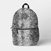 白黒のディッソ鏡グリッターパターン プリントバックパック (正面)