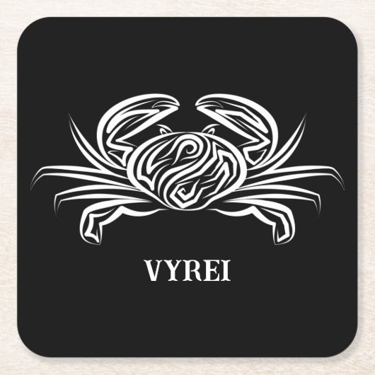 白黒のトライバルカニ スクエアペーパーコースター (正面)