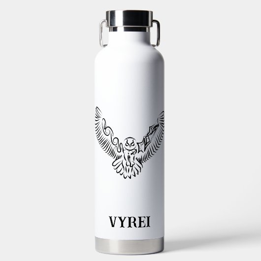 白黒のトライバル飛んでいるフクロウ ウォーターボトル (正面)