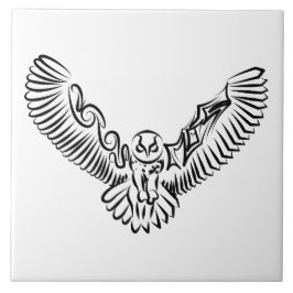 白黒のトライバル飛んでいるフクロウ タイル