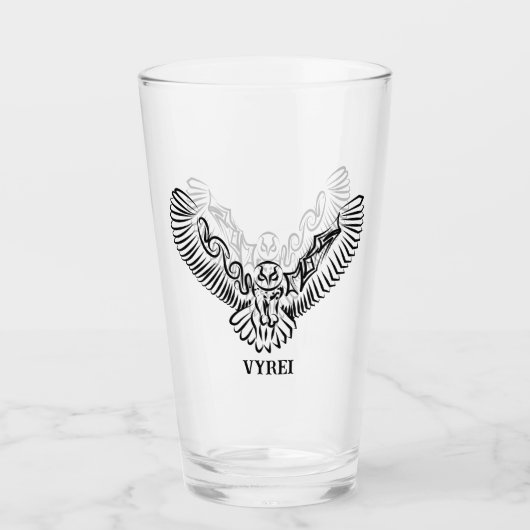 白黒のトライバル飛んでいるフクロウ タンブラーグラス (正面)