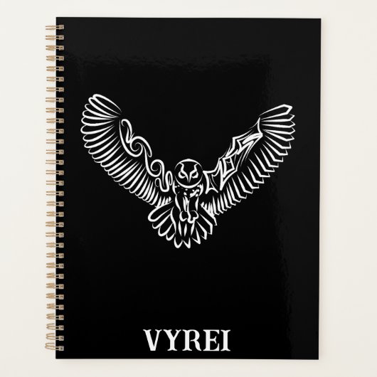 白黒のトライバル飛んでいるフクロウ プランナー手帳 (正面)