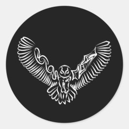 白黒のトライバル飛んでいるフクロウ ラウンドシール