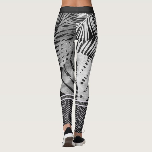 白黒のトロピカル離れグリッターと引用文 レギンス (裏面)