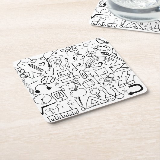 白黒のドードルの学校芸術 スクエアペーパーコースター (アングル)