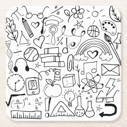 白黒のドードルの学校芸術 スクエアペーパーコースター (正面)