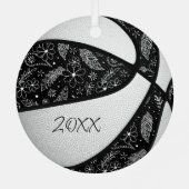 白黒のドードル花の羽バスケットボール メタルオーナメント (裏面)