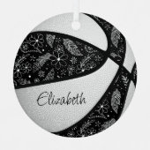 白黒のドードル花の羽バスケットボール メタルオーナメント (正面)
