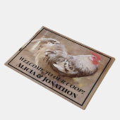 白黒のニワトリ「我々のコープへようこそ」 ドアマット (アングル)