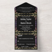 白黒のネオンフレームフローラ結婚の オールインワン招待状 (内側)