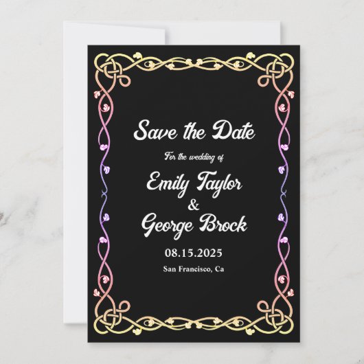 白黒のネオンフレームフローラ結婚の セーブザデート (正面)