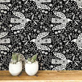 白黒のハトと花の鳥アート 壁紙