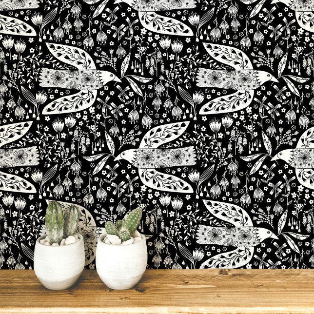 白黒のハトと花の鳥アート 壁紙 (Doves and flowers bird art peel and stick wallpaper)