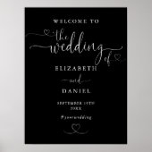 白黒のハートスクリプ結婚トのウェルカムサイン ポスター (正面)