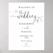 白黒のハートスクリプ結婚トのウェルカムサイン ポスター (正面)