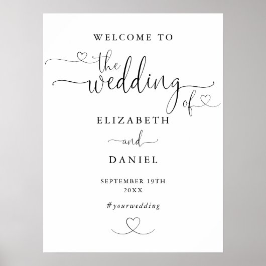 白黒のハートスクリプ結婚トのウェルカムサイン ポスター (正面)