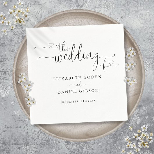 白黒のハートスクリプ結婚ト スタンダードカクテルナプキン