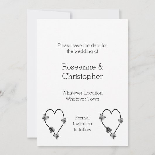 白黒のハート蝶の日付を保存 セーブザデート (裏面)