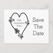 白黒のハート蝶の日付を保存 ポストカード (正面)