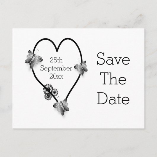 白黒のハート蝶の日付を保存 ポストカード (正面)