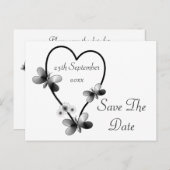 白黒のハート蝶の日付を保存 案内ポストカード (正面/裏面)