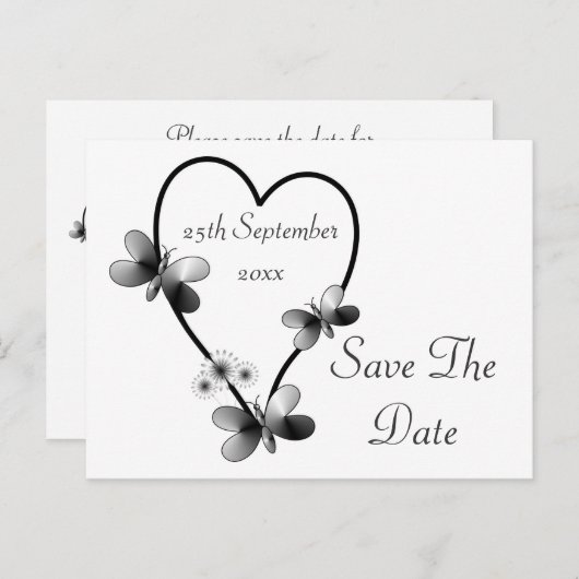 白黒のハート蝶の日付を保存 案内ポストカード (正面/裏面)
